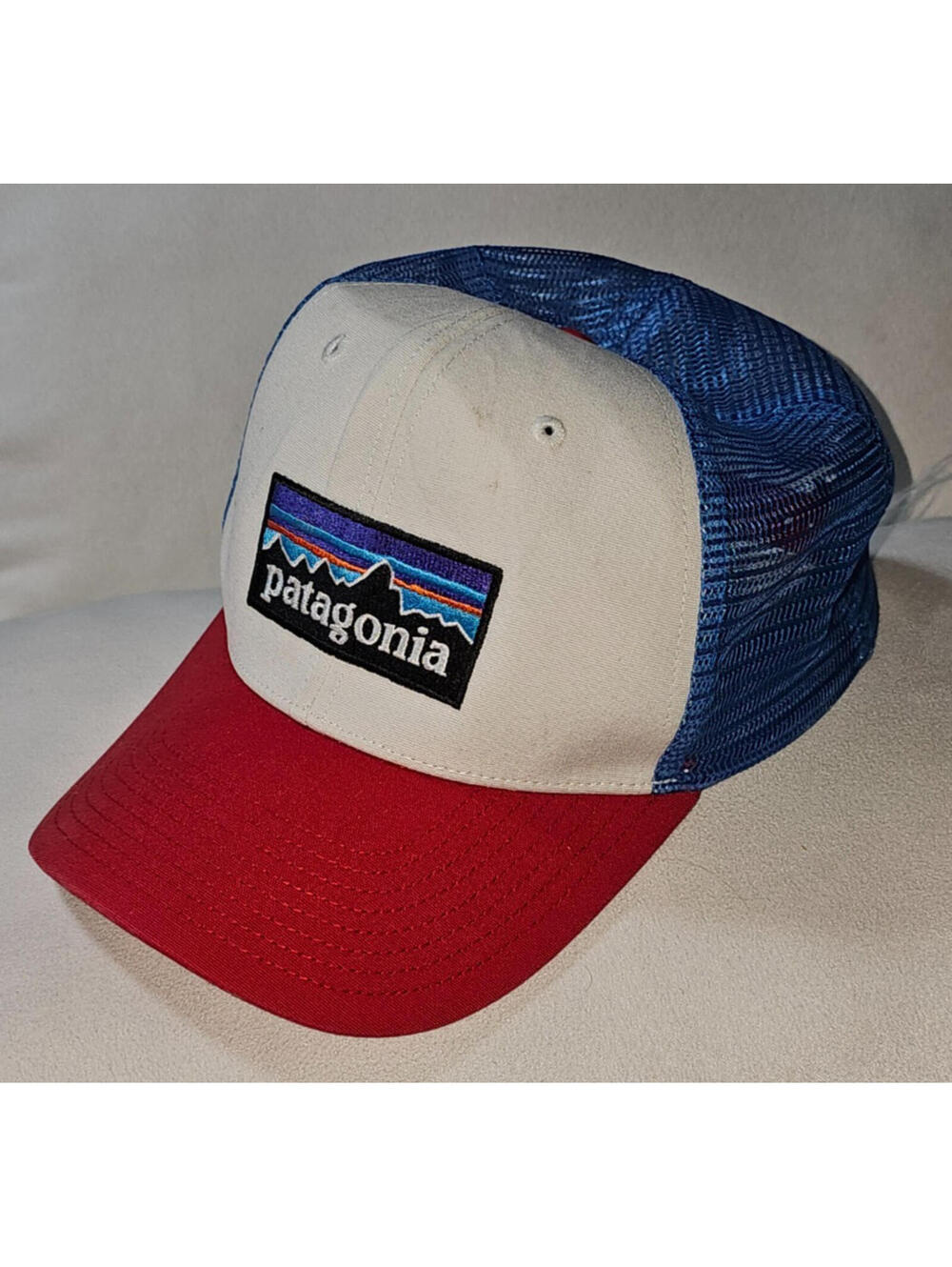 Patagonia Trucker Hat Cap Blue Mesh Black Patch Logo Men Minor Flaw Snapback